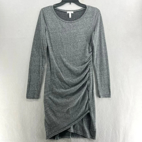Leith Dress Womens Sz M Gray Bodycon Mini Knit Long Sleeve Round Neck Ruched - Picture 1 of 12